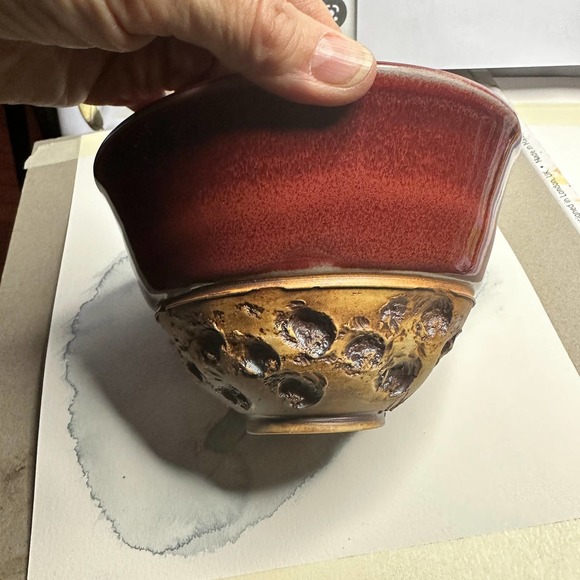 Unusual Raw and Red Glazed Bowl , Signed - Picture 1 of 3